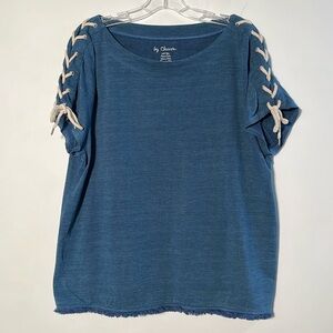 CHICO'S Nautical Rope Accent Cotton Coastal Blue Short SLV Preppy Fringe Top L